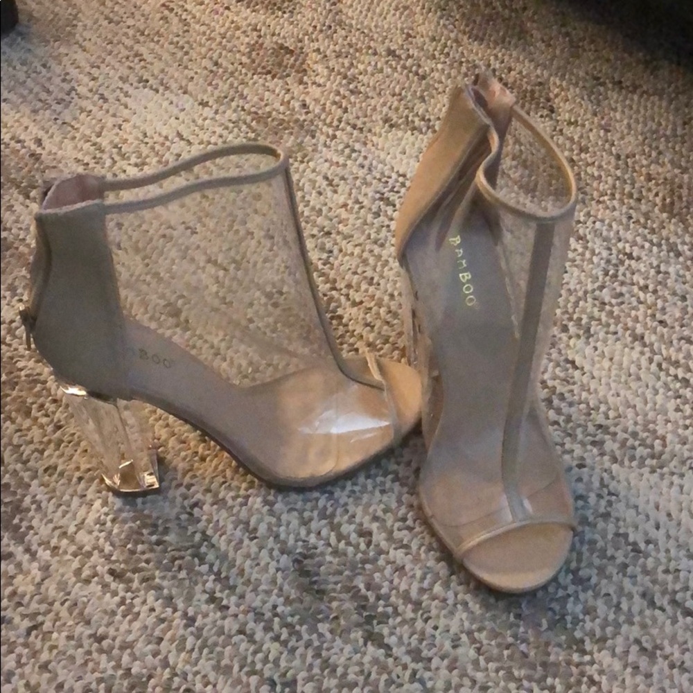 Tan and Clear peep toe pumps with clear heel